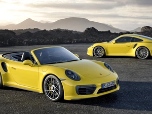 Porsche, Two cars, Turbo, Mountains, 911, Yellow