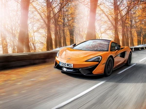 autumn, Orange, trees, viewes, Way, McLaren 570S