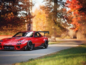 Way, red hot, viewes, autumn, trees, Mazda RX-7