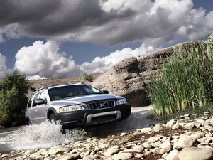 XC70, rocks, clouds, Stones, cane, Volvo cars, Automobile, River